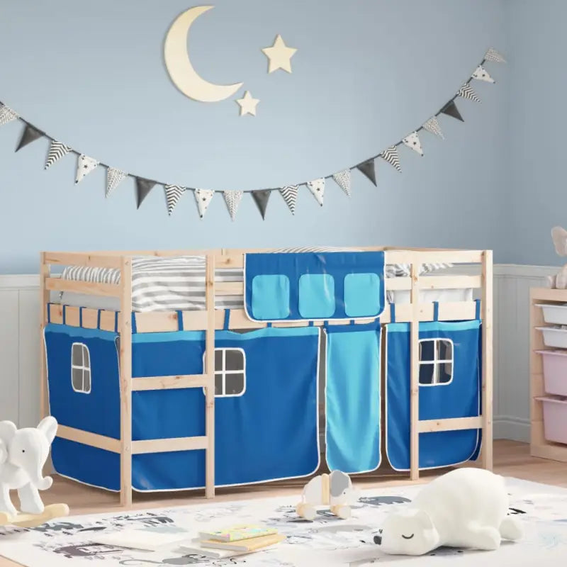 Hoogslaper voor kinderen van massief grenenhout met stabiliteit - Naturel en blauw / 90 x 200 cm - Bedden & bedframes