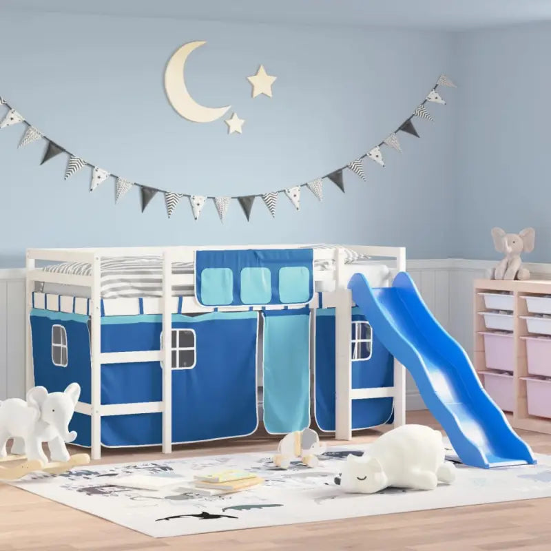 Hoogslaper voor kinderen van massief grenenhout met stabiliteit - Wit en blauw / 90 x 200 cm - Bedden & bedframes