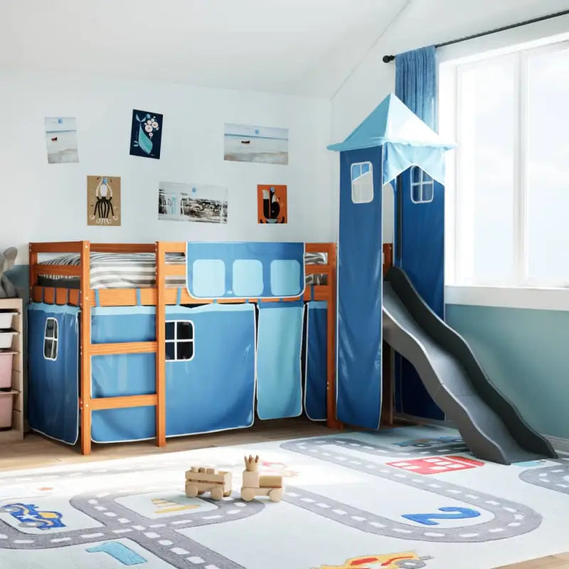 Hoogslaper voor kinderen van massief grenenhout voor plezier en ruimtebesparing - Bruin en blauw / 80 x 200 cm - Bedden