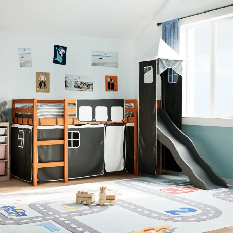 Hoogslaper voor kinderen van massief grenenhout voor plezier en ruimtebesparing - Bruin en zwart / 80 x 200 cm - Bedden