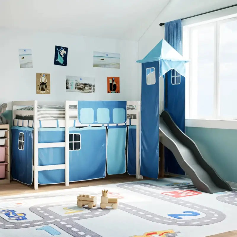 Hoogslaper voor kinderen van massief grenenhout voor plezier en ruimtebesparing - Wit en blauw / 90 x 200 cm - Bedden &