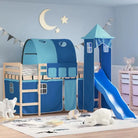 Hoogslaper voor kinderen van massief grenenhout voor ruimtebesparing - Naturel en blauw / 80 x 200 cm - Bedden &