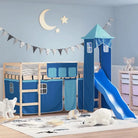 Hoogslaper voor kinderen van massief grenenhout voor ruimtebesparing - Naturel en blauw / 80 x 200 cm - Bedden &