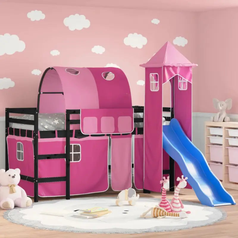 Hoogslaper voor kinderen van massief grenenhout voor ruimtebesparing - Zwart en roze / 90 x 190 cm - Bedden & bedframes