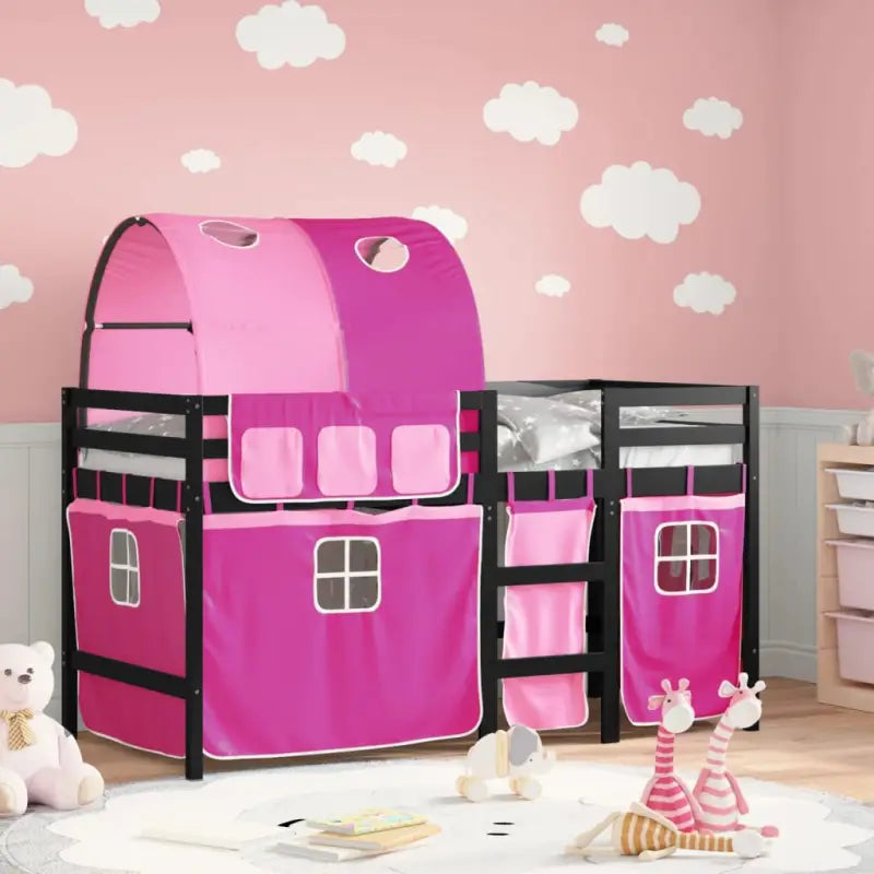 Hoogslaper voor kinderen van massief grenenhout stabiel en ruimtebesparend - Zwart en roze / 90 x 200 cm - Bedden &
