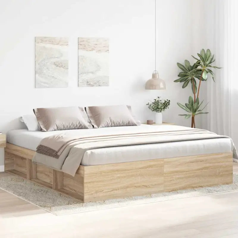 Houten bedframe met multiplex lattenbodem voor een moderne slaapkamer - Sonoma eiken / 200 x 200 cm - Bedden & bedframes