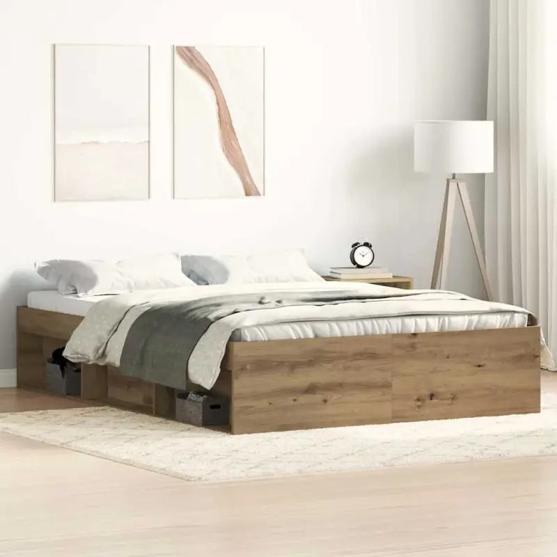 Houten bedframe met multiplex lattenbodem voor een moderne slaapkamer - artisanaal eikenkleurig / 135 x 190 cm - Bedden