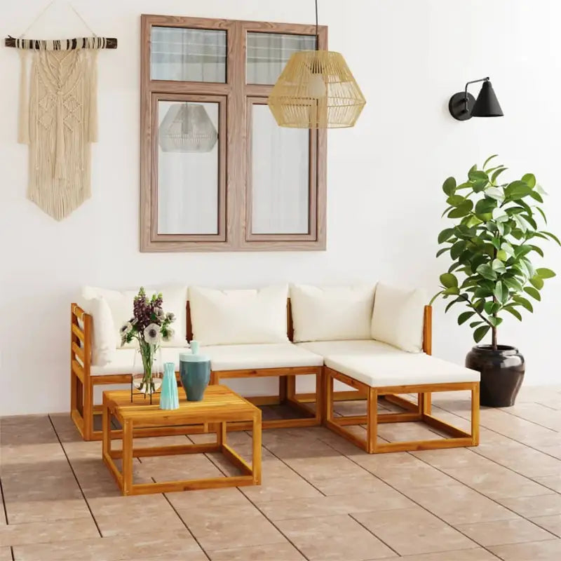 Houten loungeset van massief acaciahout voor de tuin of terras - Crème / 2x hoek + midden + voetensteun + Tafel