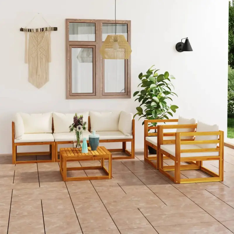 Houten Loungeset van massief acaciahout voor tuinplezier - Crème / 4x hoek + midden + Tafel - Tuinsets