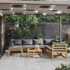 Houten Loungeset van massief acaciahout voor tuinplezier - Donkergrijs / 3x hoek + 3x midden + voetensteun + Tafel