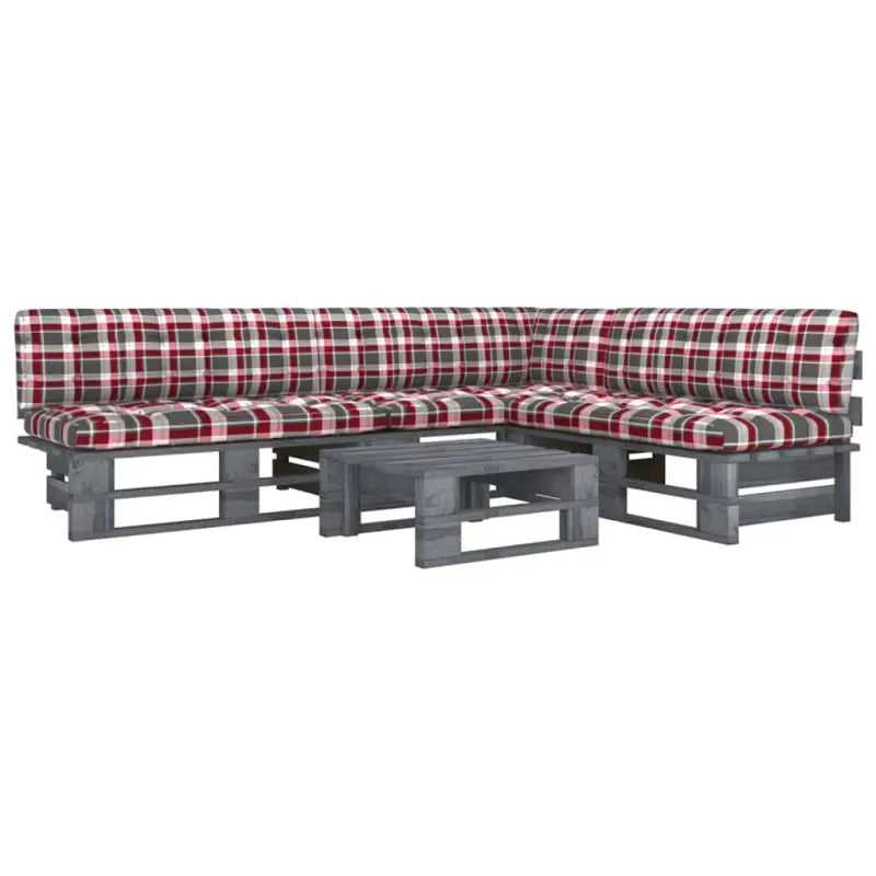 Houten Pallet Loungeset voor Gezelligheid en Ontspanning - Rood ruitpatroon / hoek + 2x midden + Tafel / Grijs