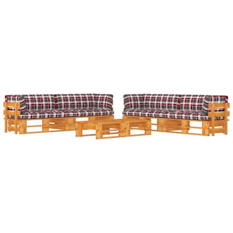 Houten Pallet Loungeset voor Gezelligheid en Ontspanning - Rood ruitpatroon / 4x hoek + 2x Tafel / Honingbruin