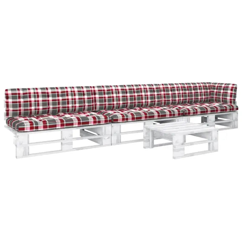 Houten Pallet Loungeset voor Gezelligheid en Ontspanning - Rood ruitpatroon / hoek + 2x midden + Tafel / Wit - Tuinsets