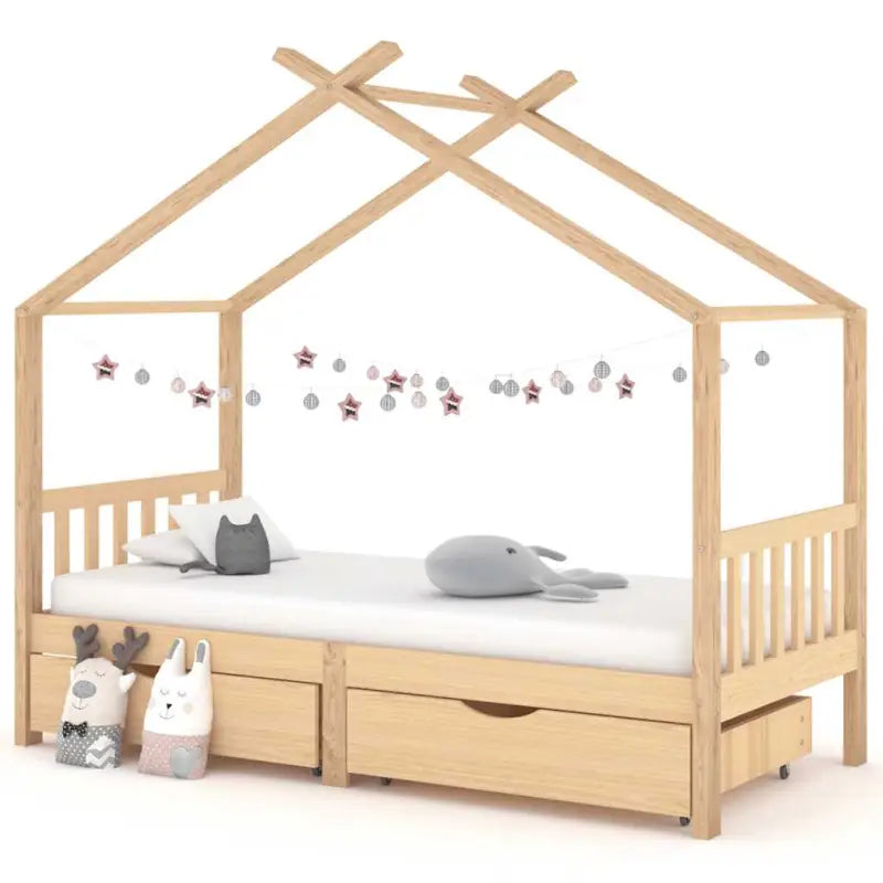 Houten peuterbed met lade in massief grenenhout met boomhut-stijl - Bruin / 90 x 200 cm / 2 lades - Peuter- &