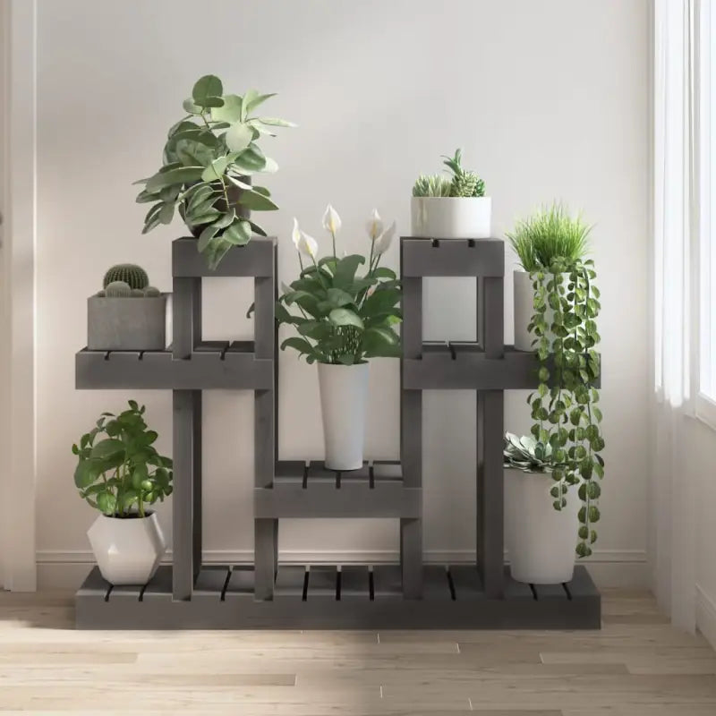 Houten plantenstandaard in massief grenenhout voor een natuurlijke uitstraling - Grijs / 104.5 x 25 x 77.5 cm / 1