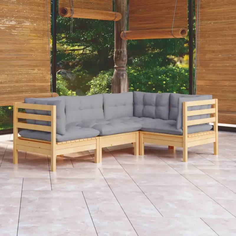 Houten tuinmeubelset van massief grenenhout met rug- en zijkussens - Bruin en grijs - Tuinsets