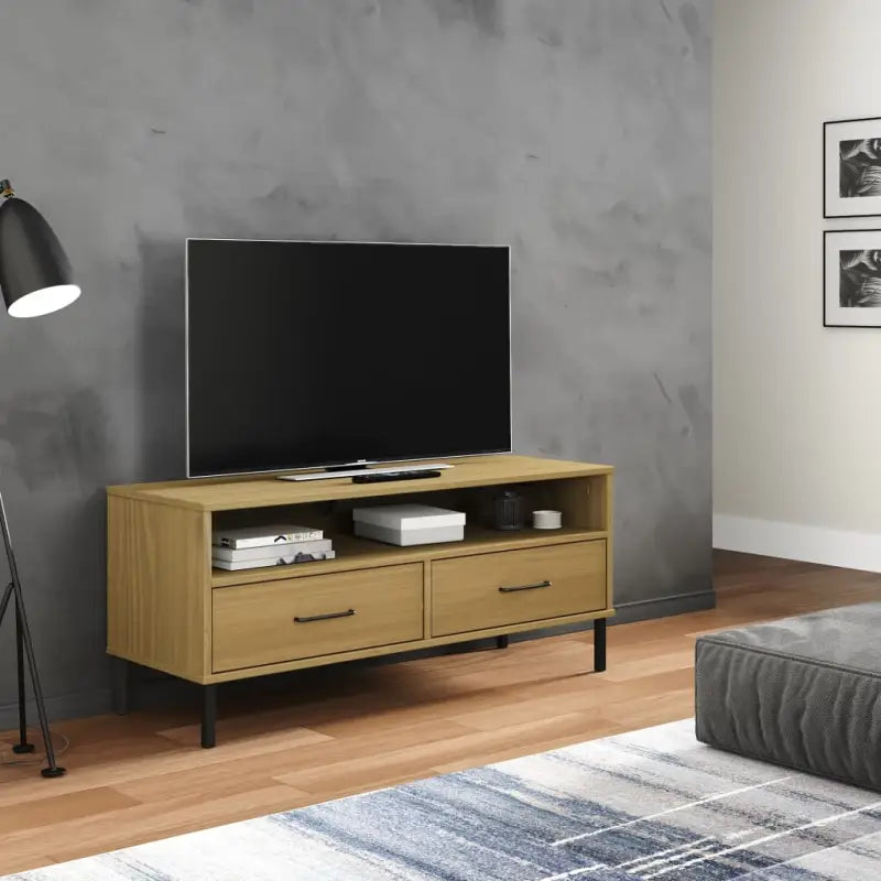 Houten TV-meubel van massief grenenhout met metalen poten - Bruin / 1 - Tv-meubels