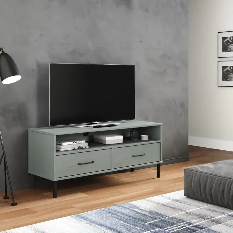 Houten TV-meubel van massief grenenhout met metalen poten - Grijs / 1 - Tv-meubels