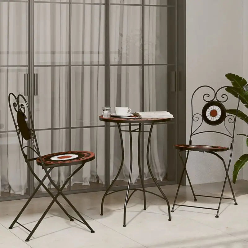 Ijzeren frame mozaïek bistroset voor tuin en balkon laten staan levering bevat - Terracotta en zwart / Ronde tafel