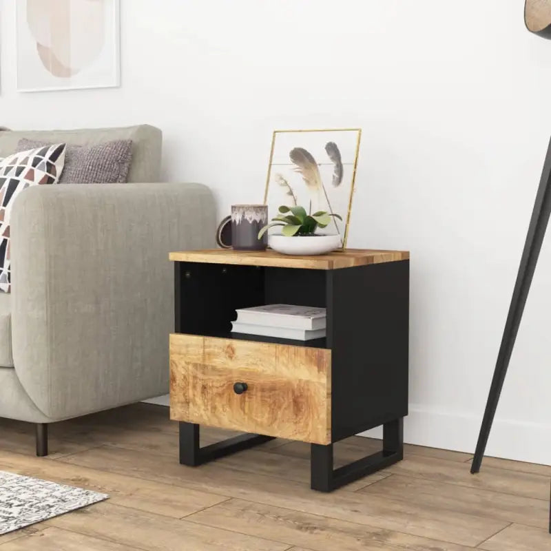 Industrieel nachtkastje van massief mangohout met metalen poten - Lichthout / 1 - Nachtkastjes