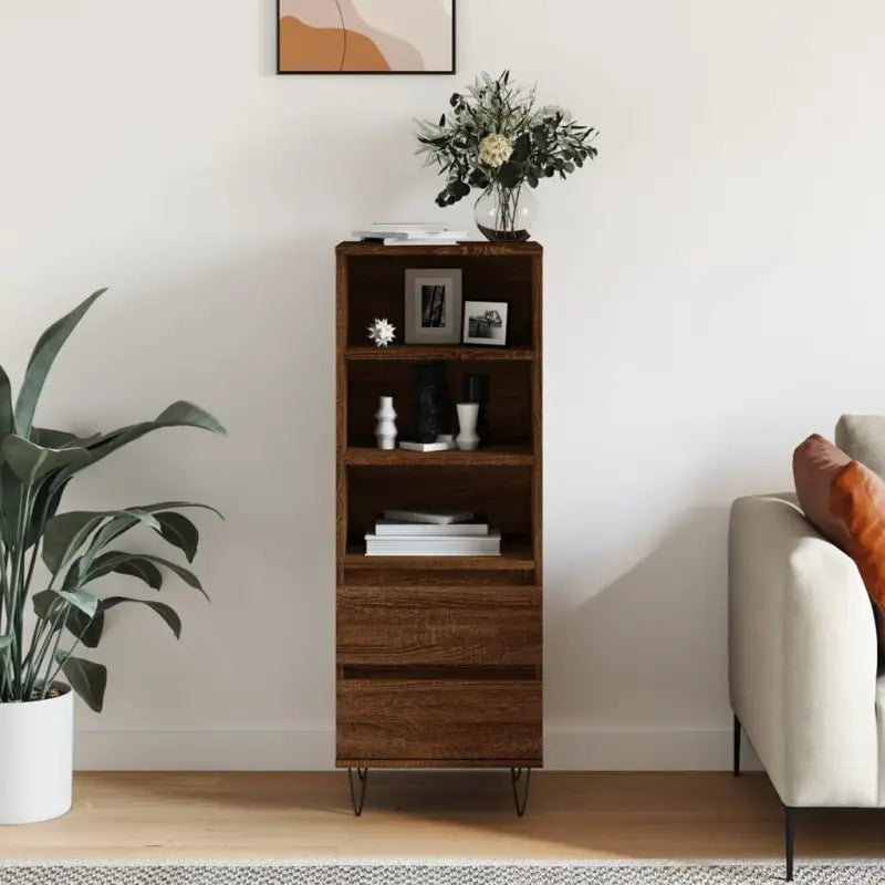 Industriële hoge kast in bewerkt hout met hoogglans wit finish - bruin eikenkleur / 1 - Dressoirs & buffetkasten