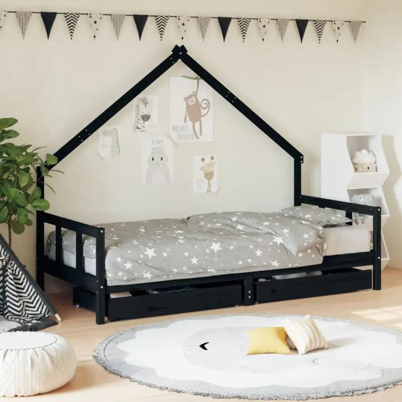 Kinderbed van massief grenenhout voor een vrolijke slaapkamer - Zwart / 90 x 200 cm - Peuter- & kinderbedden