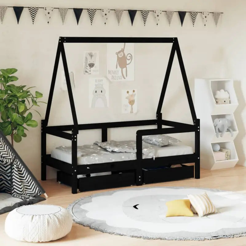 Kinderbed van massief grenenhout voor een vrolijke slaapplek - Zwart / 70 x 140 cm - Peuter- & kinderbedden
