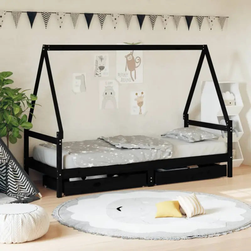Kinderbed van massief grenenhout voor een vrolijke slaapplek - Zwart / 90 x 190 cm - Peuter- & kinderbedden