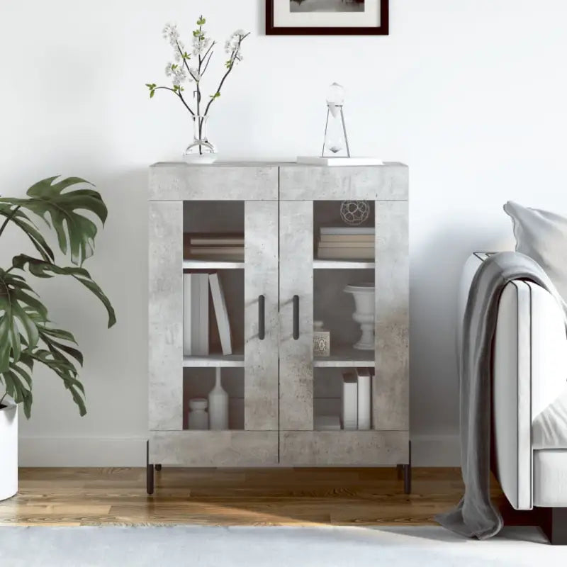 Klassiek dressoir met bewerkt hout en ijzeren poten in hoogglans wit - Betongrijs / 1 - Dressoirs & buffetkasten