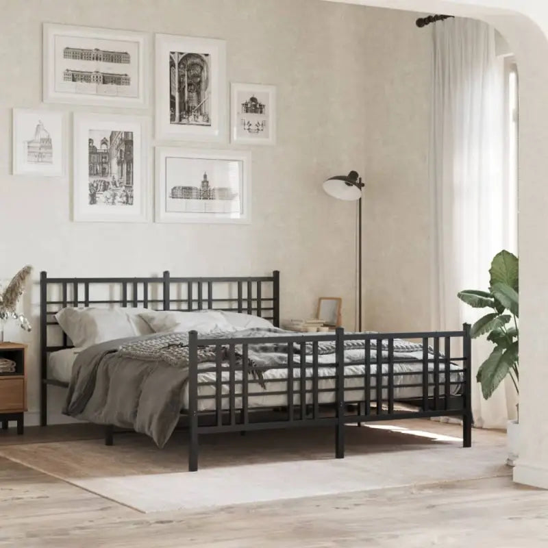 Klassiek metalen bedframe met extra opbergruimte en metalen latten - Zwart / 150 x 200 cm / met hoofdbord & voetbord