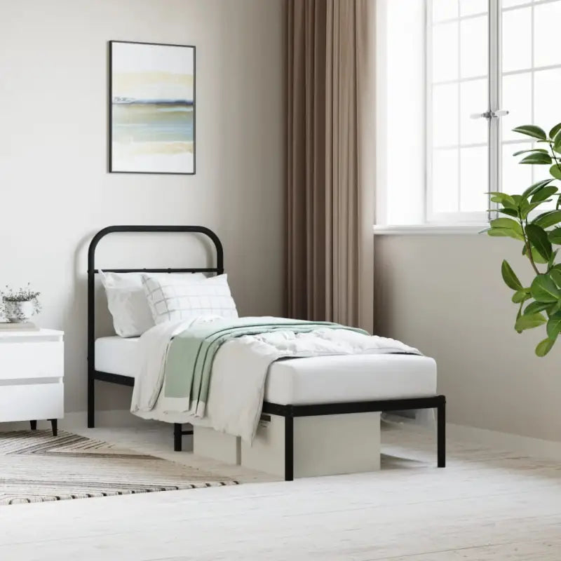 Klassiek metalen bedframe met extra opbergruimte en metalen latten - Zwart / 75 x 190 cm / met hoofdbord - Bedden &