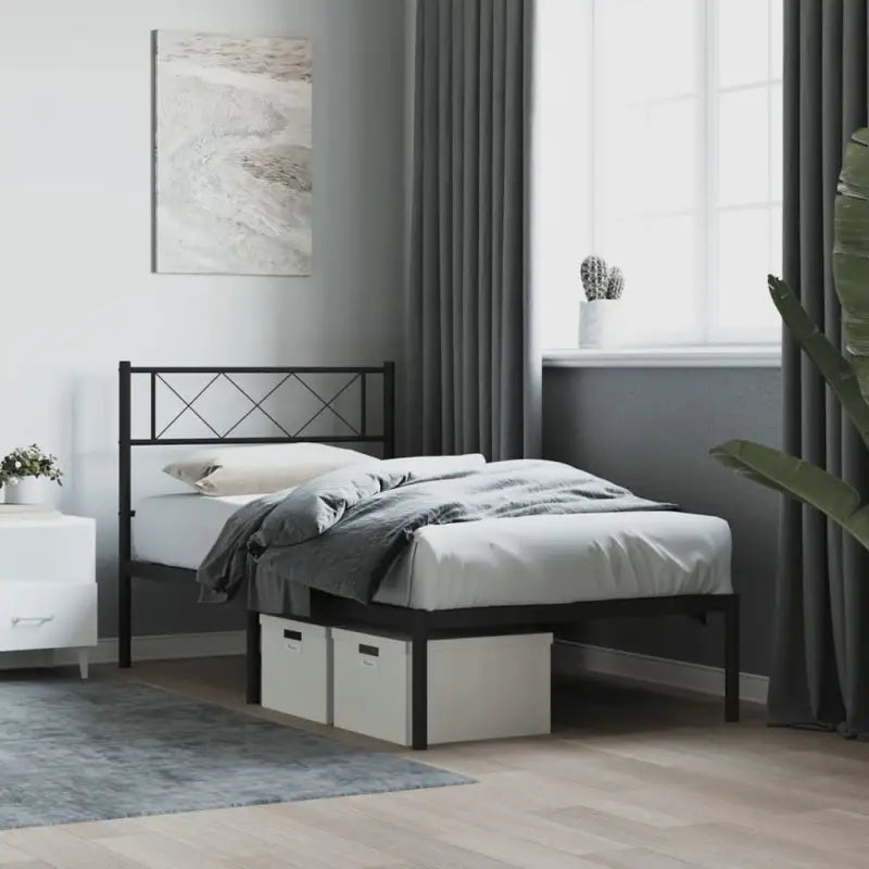 Klassiek metalen bedframe met metalen latten en extra opbergruimte - Zwart / 107 x 203 cm / met hoofdbord - Bedden &