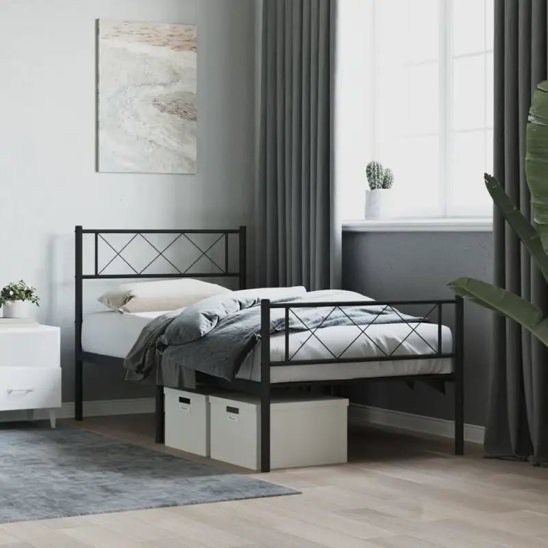 Klassiek metalen bedframe met metalen latten en extra opbergruimte - Zwart / 80 x 200 cm / met hoofdbord & voetbord