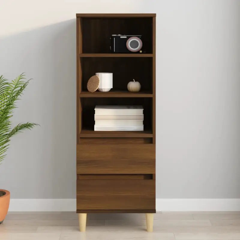 Klassieke hoge kast van bewerkt hout met houten poten en duurzame afwerking - bruin eikenkleur / 1 - Dressoirs &