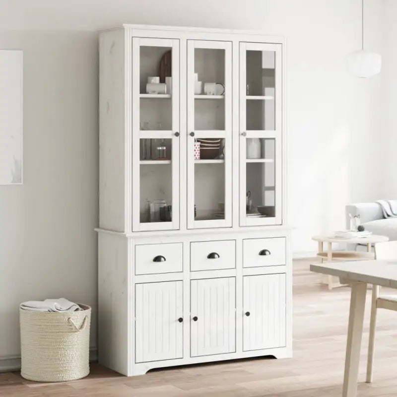 Klassieke hoge kast van massief grenenhout met metalen handgrepen - Wit / 1 - Dressoirs & buffetkasten