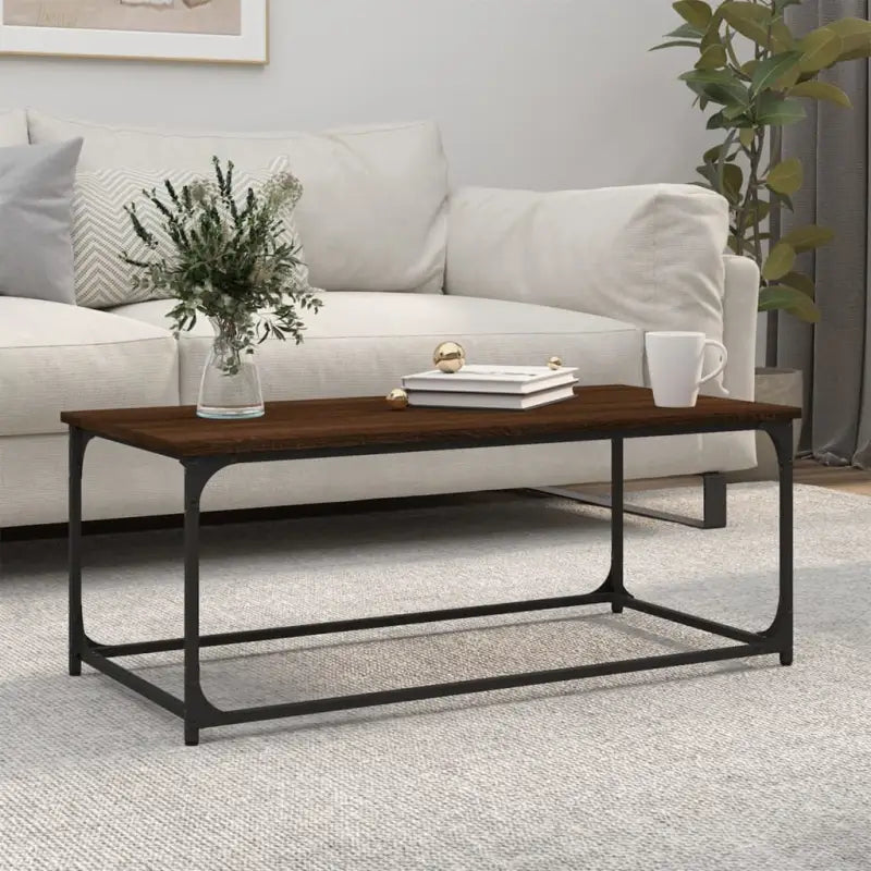 Klassieke salontafel met bewerkt hout en ijzeren frame voor elegantie - bruin eikenkleur / 1 / 102 cm - Salontafels