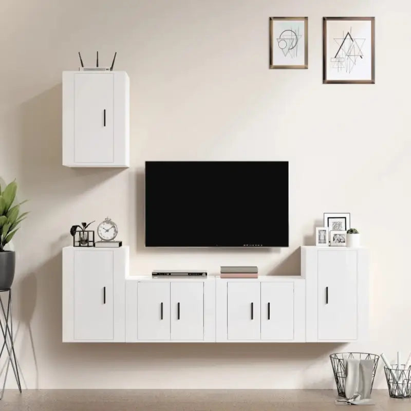 Klassieke Tv-meubel met hoogglans wit en bewerkt hout design - Hoogglans wit / 5 - Tv-meubels