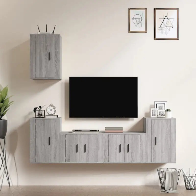 Klassieke Tv-meubel met hoogglans wit en bewerkt hout design - Grijs sonoma / 5 - Tv-meubels