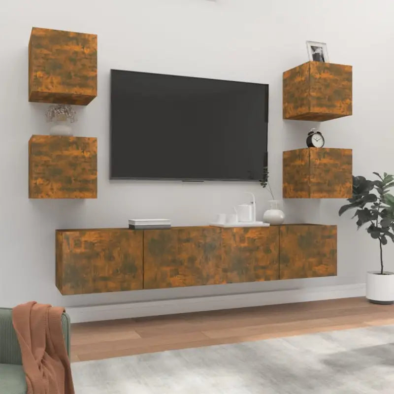 Klassieke Tv-meubels van bewerkt hout met trendy en praktische design - Gerookt eiken / 6 / 80 cm - Tv-meubels