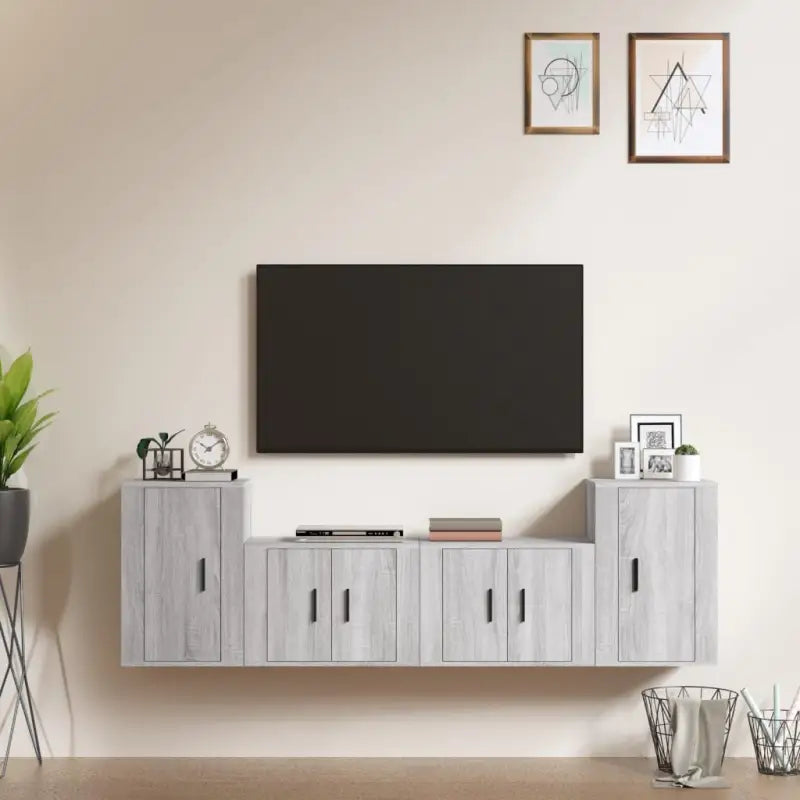 Klassieke TV-meubelset van bewerkt hout met trendy en praktische design - Grijs sonoma / 4 - Tv-meubels