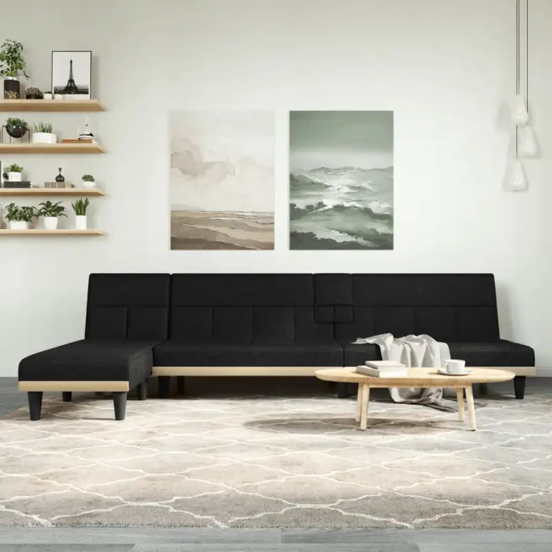 L-vormige slaapbank met chaise longue en hoogte voet voor kleine ruimtes - Zwart - Banken