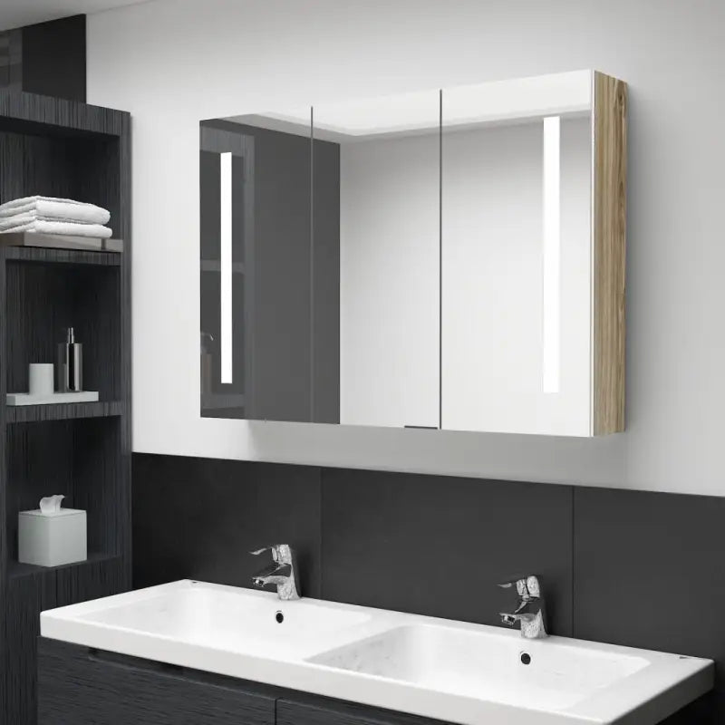LED-Wandspiegelkast voor een moderne en sfeervolle badkamer - Wit en eiken / 89 x 14 x 62 cm / 1 - Badkamerkaptafels