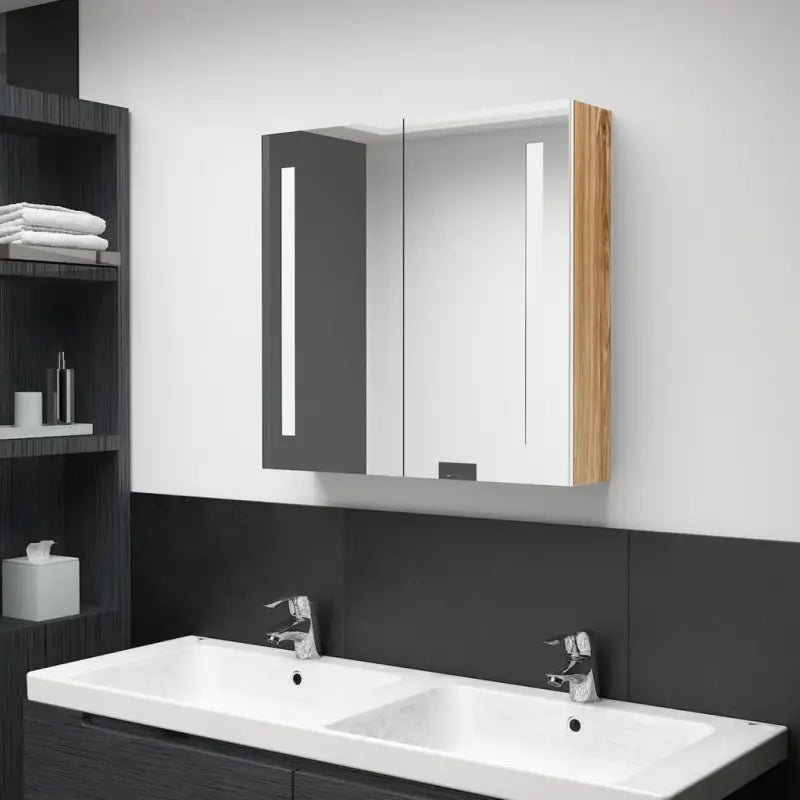 LED-Wandspiegelkast voor een moderne en sfeervolle badkamer - Wit en eiken / 62 x 14 x 60 cm / 1 - Badkamerkaptafels