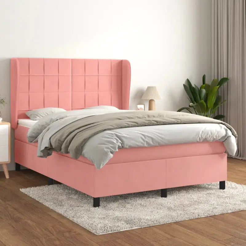 Lichtgrijs materiaal bed met schuim vulling voor comfortabele nachtrust - Roze / 140 x 190 cm / Blok met vierkanten