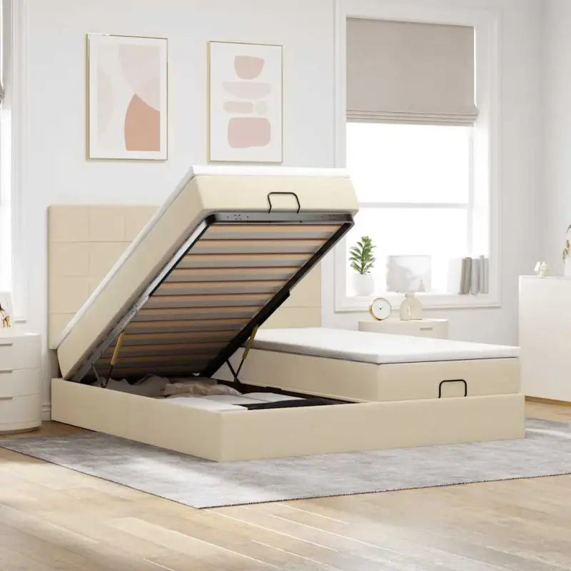 Lichtgrijs Ottomaanse Bed met ruime opbergruimte en comfortabel matras - Crème / 160 x 200 cm / Blok met vierkanten