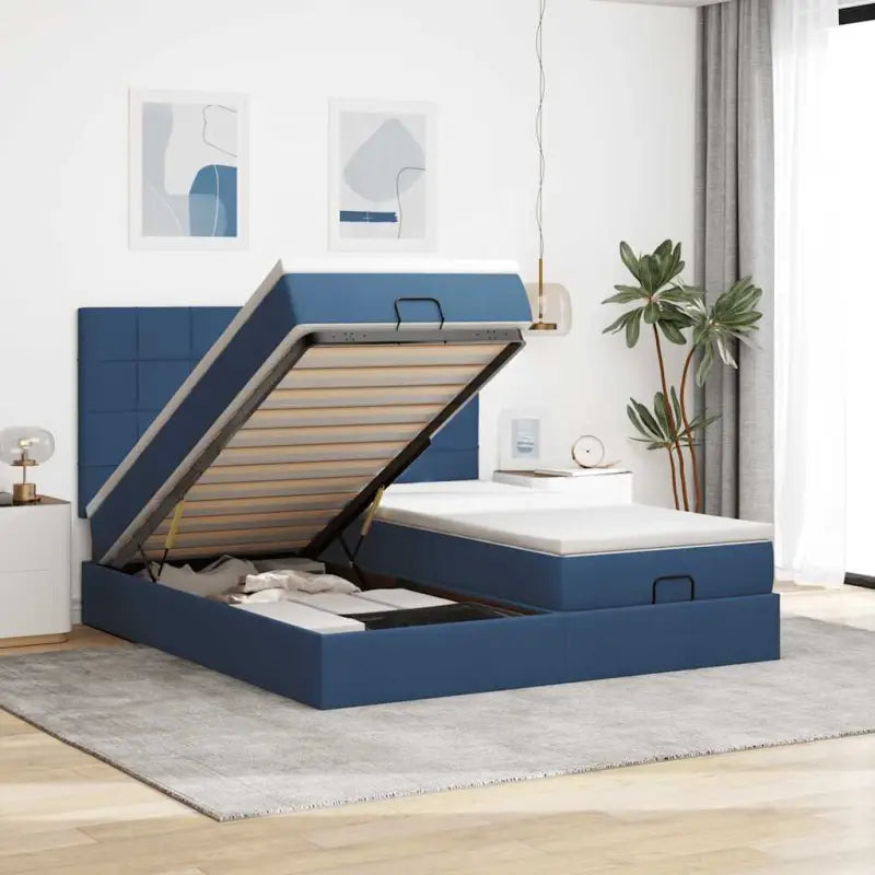 Lichtgrijs Ottomaanse Bed met ruime opbergruimte en comfortabel matras - Blauw / 200 x 200 cm / Blok met vierkanten