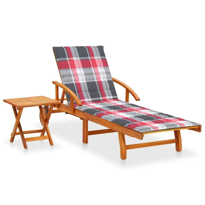 Ligstoel van massief acaciahout voor tuin en terras - Rood ruitpatroon / 1 / 1 ligbed met tafel - Ligstoelen