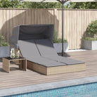 Ligstoel voor twee met poly rattan en uitschuifbare luifel voor comfortabele zitervaring - Beige en grijs / 1