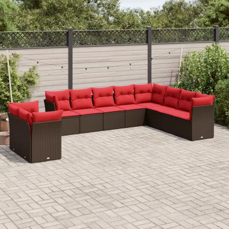 Lounge loungeset van poly rattan met bruin materiaal en gepoedercoat staal - Bruin en rood / Zonder tafel - Tuinsets