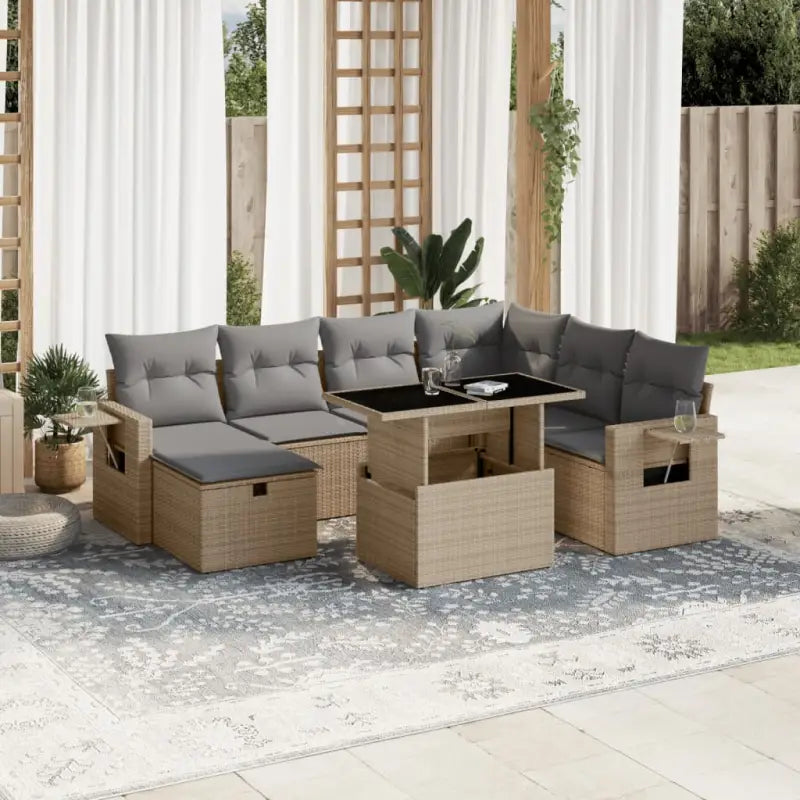 Lounge set in beige materiaal en gepoedercoat staal met afmetingen - Beige en grijs / Met tafel - Tuinsets